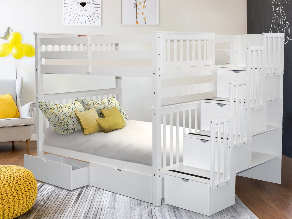 Bedz King Stairway Bunk Beds Full over Full with 4 Drawers in the Steps and 2 Under Bed Drawers, White Bedz King
