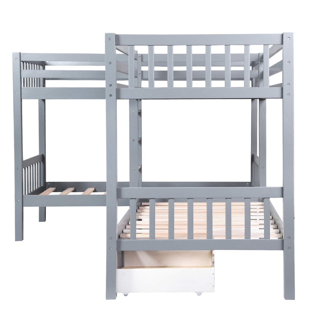 MERITLINE L-Shaped Bunk Beds for 4, Twin Over Twin Bunk Beds with Storage Drawers, Solid Wood Quad Bunk Beds for Kids, Teens, Girls,Boys, Grey MERITLINE