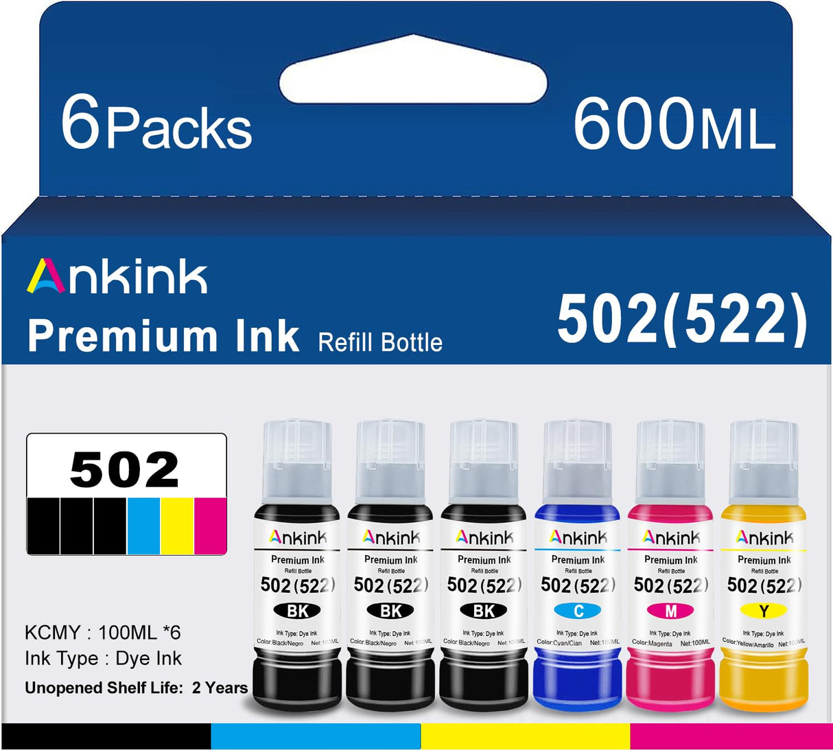 Ankink 502 T502 Ink Refill Bottles Replacement for Epson Ecotank ET 2850 ET-2760 ET-4760 ET 2750 ET-3760 ET-15000 ET-4850 ET-3710 ET-3850 ET-3750 ET-3830 ST-4000 ST-2000 Printer (3BK C M Y) Ankink