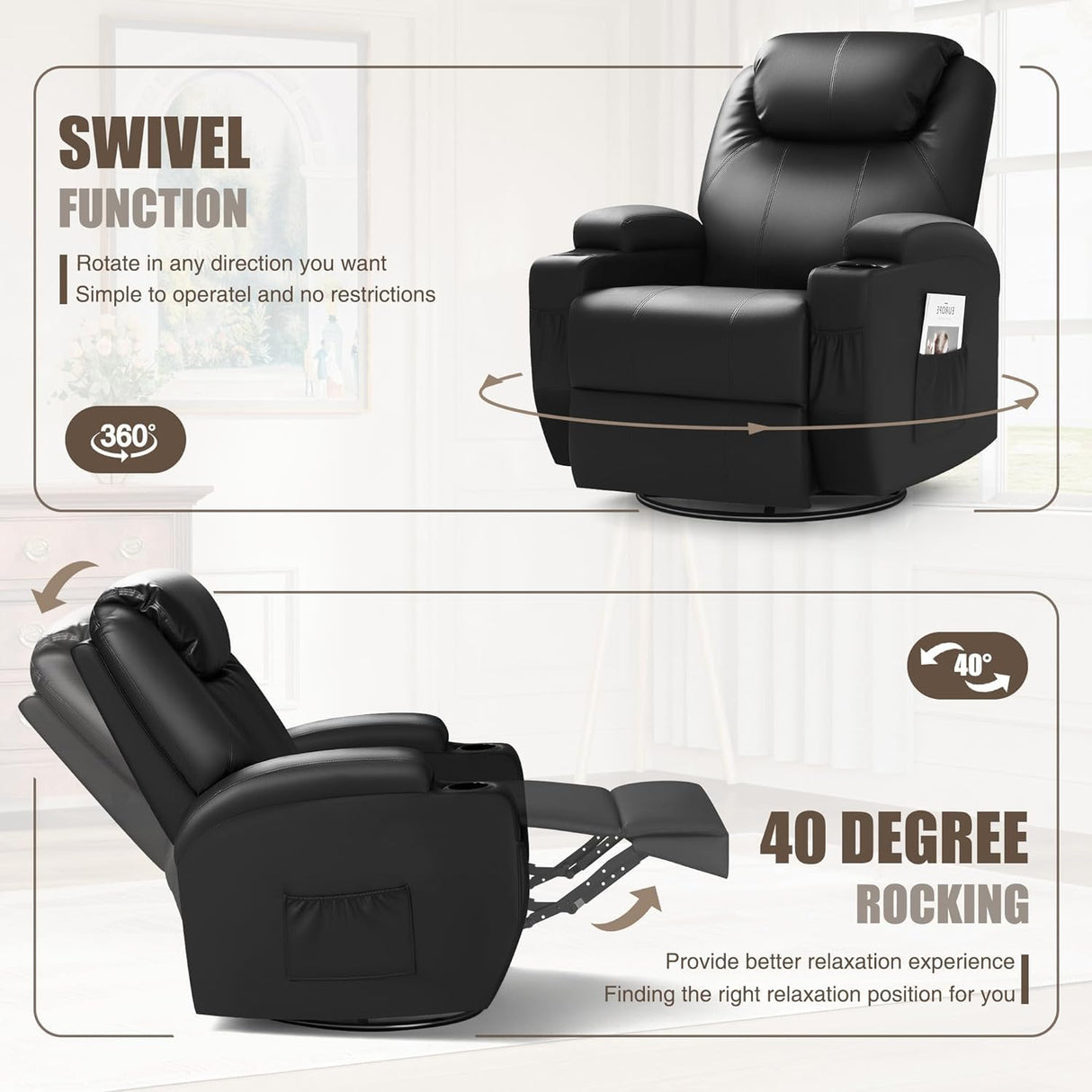 JUMMICO Recliner Chair, Rocking Massage Chairs, Home Reclining Sofa Chair, PU Leather, Ergonomic Living Room Chair with Cup Holders, Remote Control (Black) JUMMICO