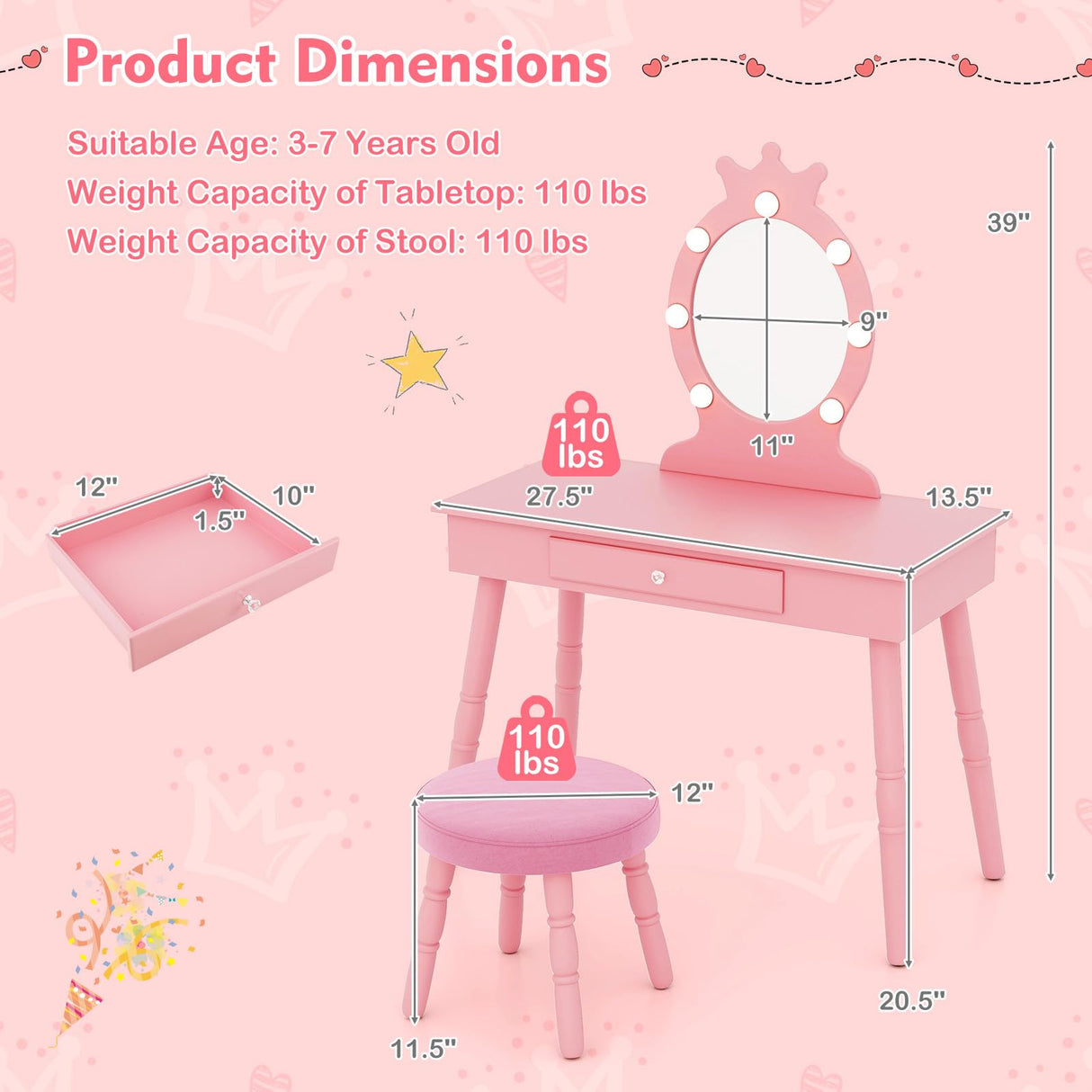 Costzon Kids Vanity, Girls Vanity Set with Mirror and Stool and Lights, Drawer, 2 in 1 Wooden Toddler Makeup Vanity Desk Dressing Table, Pretend Play Kids Vanity Table and Chair Set (Pink) Costzon