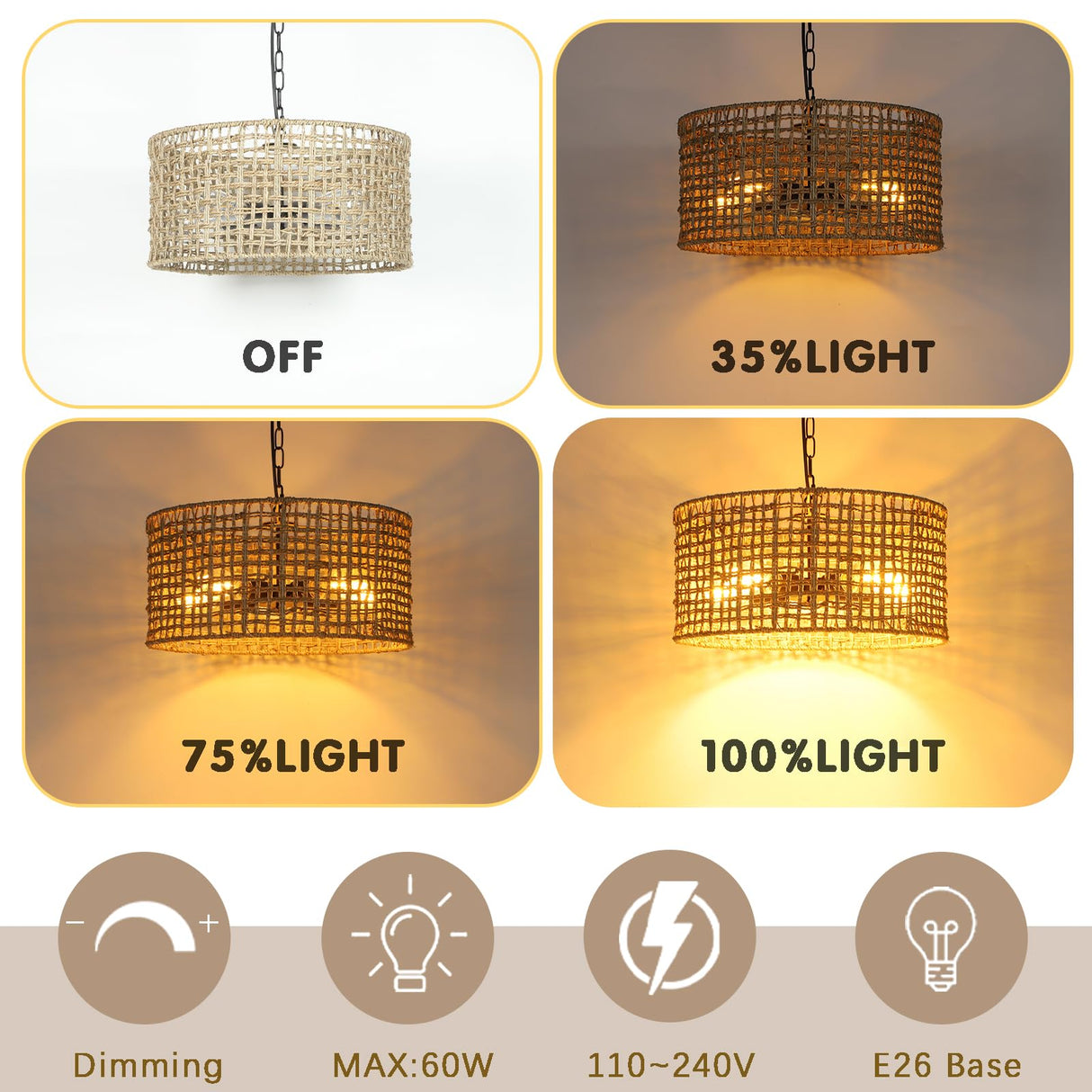 Mgcanyu 17.7" Rattan Dining Room Light fixtures, 5-Light Hand Woven Pendant Lights Kitchen Island Rattan Boho Chandelier Bohemian Hanging Ceiling Lights Wicker Lighting for Restaurants Living Room Mgcanyu