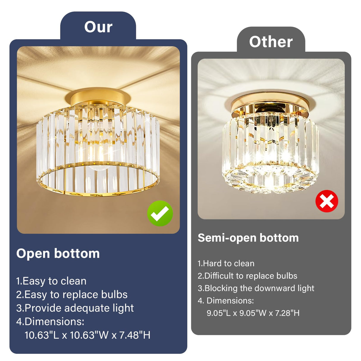 VIOLOEMI Crystal Gold Semi Flush Mount Ceiling Light Modern Hallway Light Fixture Metal Close to Ceiling Lamp for Kitchen Living Room Bathroom Entryway Bedroom(10.63 inch) VIOLOEMI