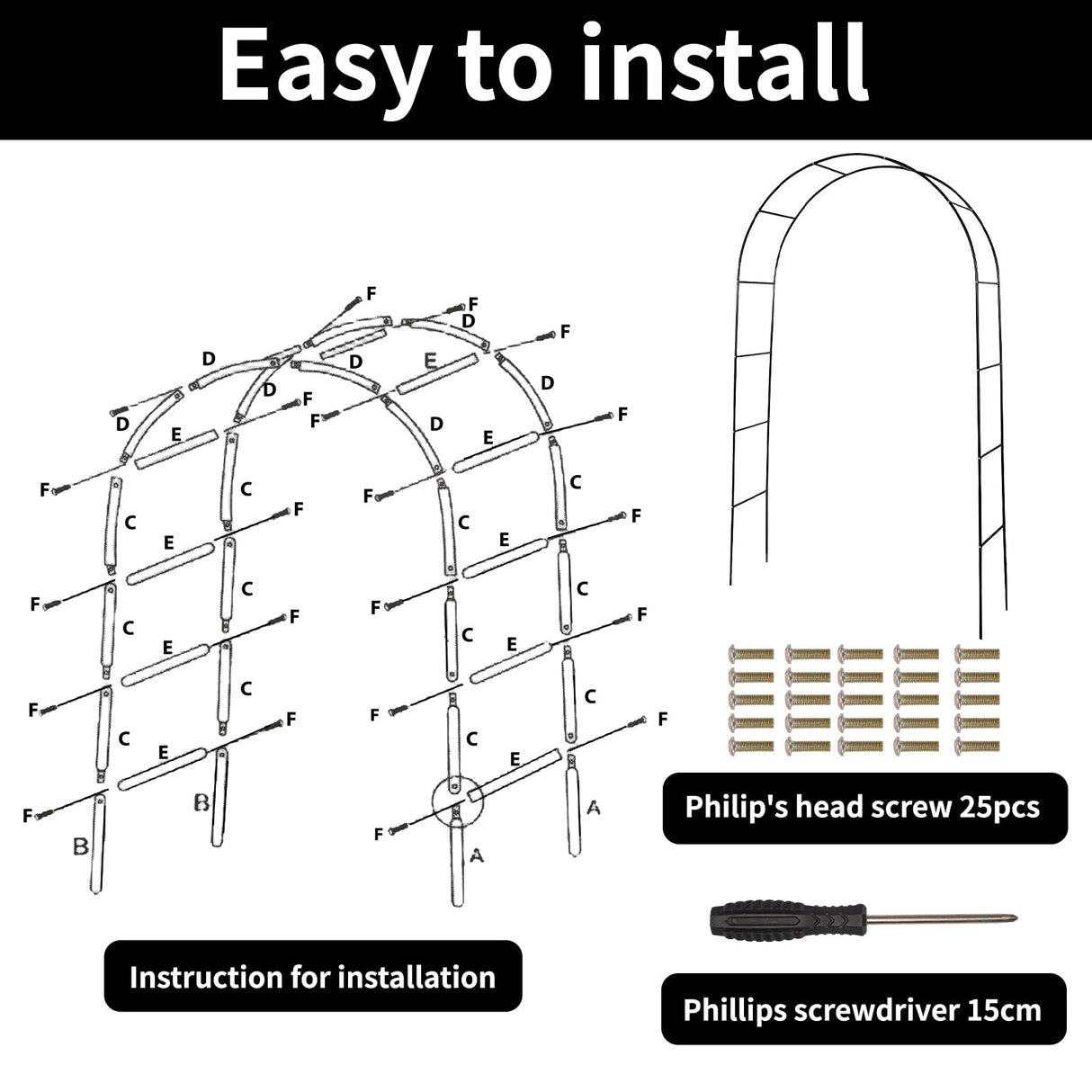 RUBFAC Metal Garden Arch, Wedding & Event Decoration, Garden Trellis for Climbing Plants, Assemble Freely 2 Sizes for Various Climbing Plant Roses Vines Bridal Party Decoration, Black, 1 Pack rubfac