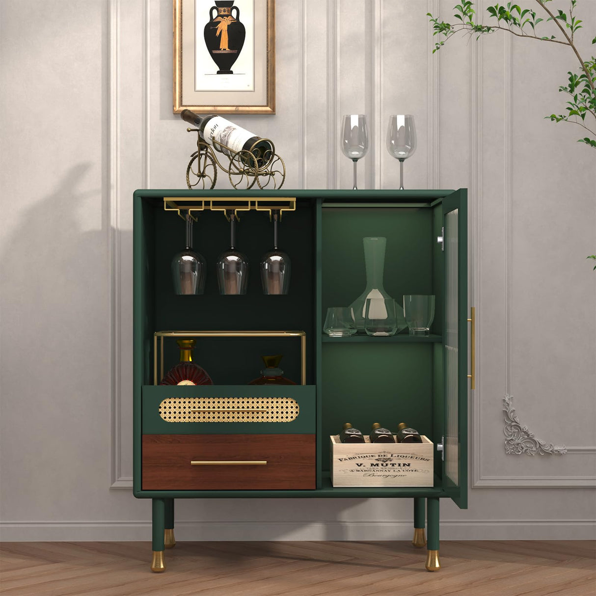 ARTPOWER Modern Coffee Bar Cabinet with Wine Glass Rack and Drawers, Green Liquor Cabinet with Pull-Out Wine Storage for Kitchen, Dining Room, Living Room ARTPOWER