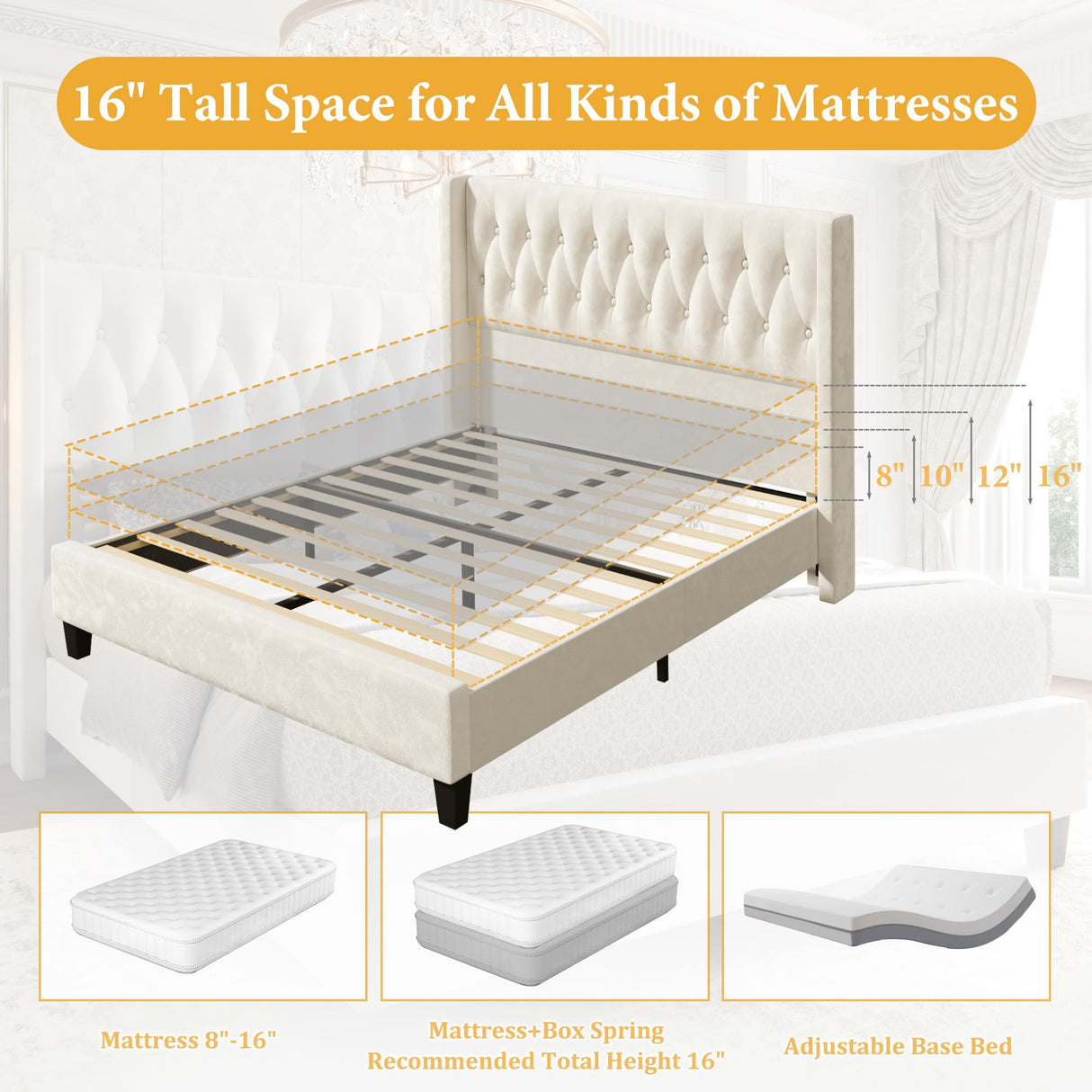 HISOFT Queen Bed Frame, Velvet Upholstered Queen Platform Bed with 48.8" Tall Wingback Headboard, Button Tufted, No Box Spring Needed, Noise-Free, Cream HISOFT