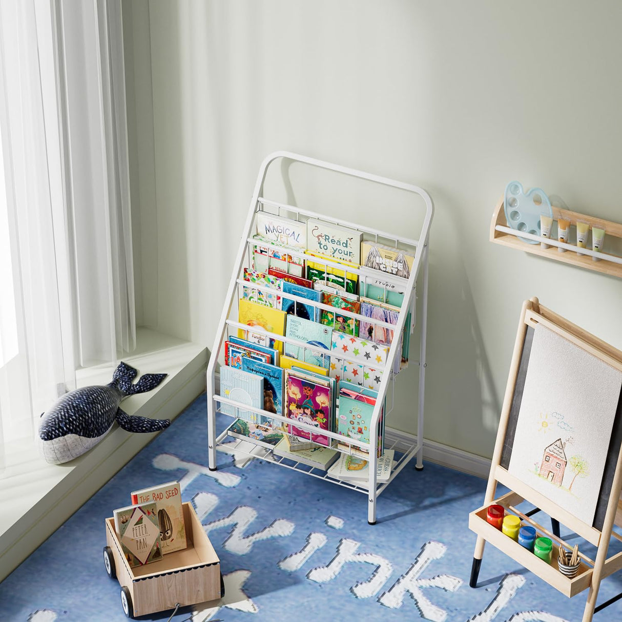 JAQ Kids Bookshelf, 4-Tier Metal Sling Kid Display Bookshelves Bookcase with Toy Storage in Baby Corner Library Room Classroom Playroom for Toddlers Nursery Children (4-tier/28.35inch, White) JAQ