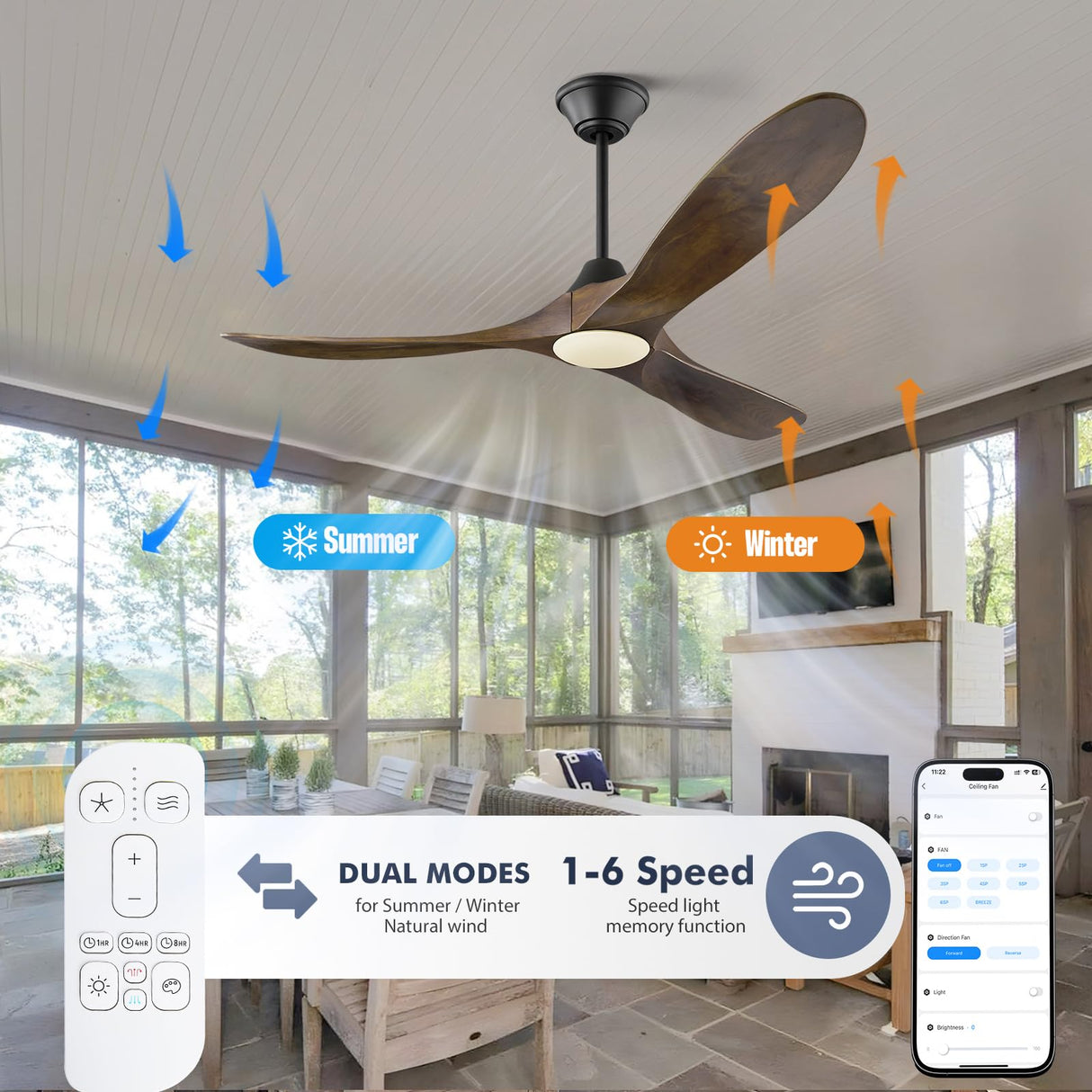 52 Inch Smart Ceiling Fan with Lights, Outdoor Ceiling Fans for Patios Damp Rated, 3 Blades Propeller Walnut Wood Farmhouse Ceiling Fan, Large Airflow DC Ceiling Fan with Remote/APP/Alexa Control XCWIIE