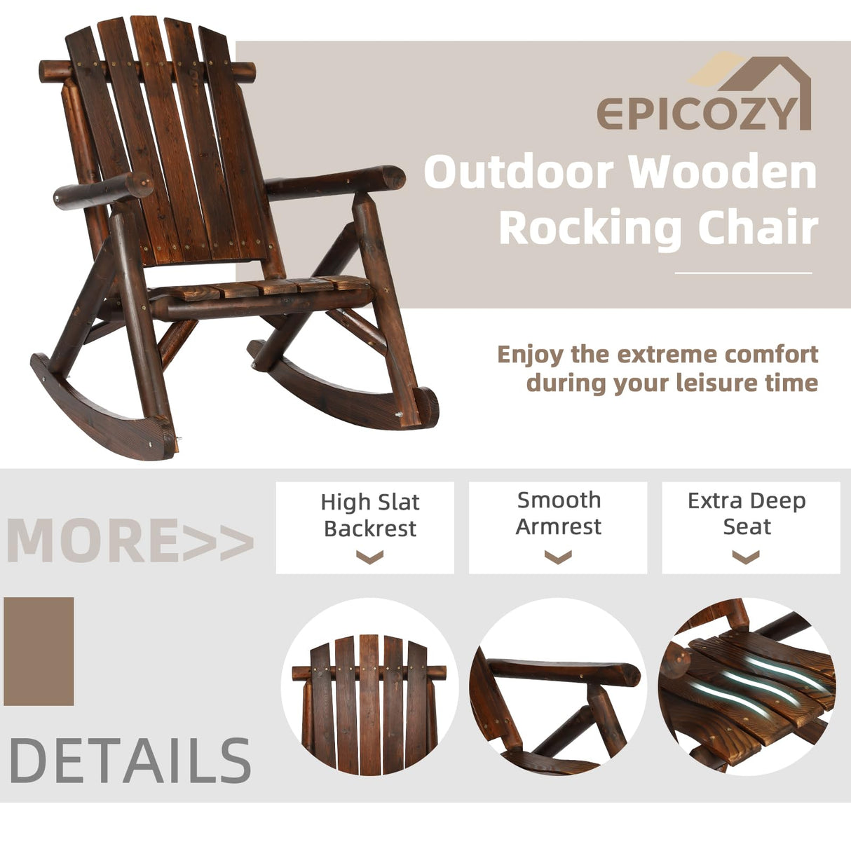 EPICOZY Outdoor Wooden Rocking Chair, Patio Rustic Adirondack Porch Rocker, All Weather Solid Wood Log Rocker Chair with High Back & Slatted Seat for Indoor, Backyard, Garden, Carbonized EPICOZY