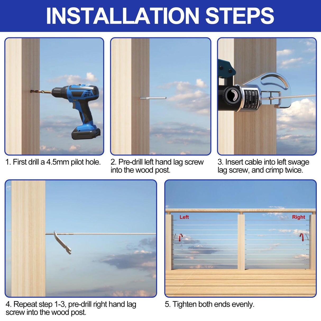 BLIKA 80 Pack T316 Stainless Steel Right&Left Handed Thread Swage Lag Screws for Wood Posts of 1/8" Stair Cable Railing Kit, Cable Railing Hardware with Wrench, DIY Wood Baluster BLIKA