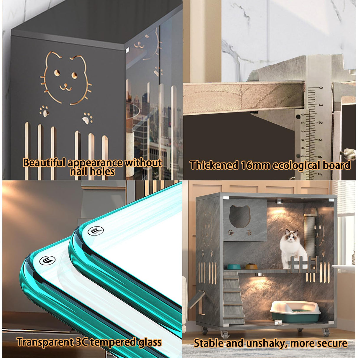 Large Indoor Cat Enclosure, Wooden Large Cat Villa, Indoor/Outdoor Cat Enclosure with Wheels, Multi-Feature Enclosed Cat Houses for Indoor Cats Ventilation Glass Doors, 38" X 32" X 24" HUATOL