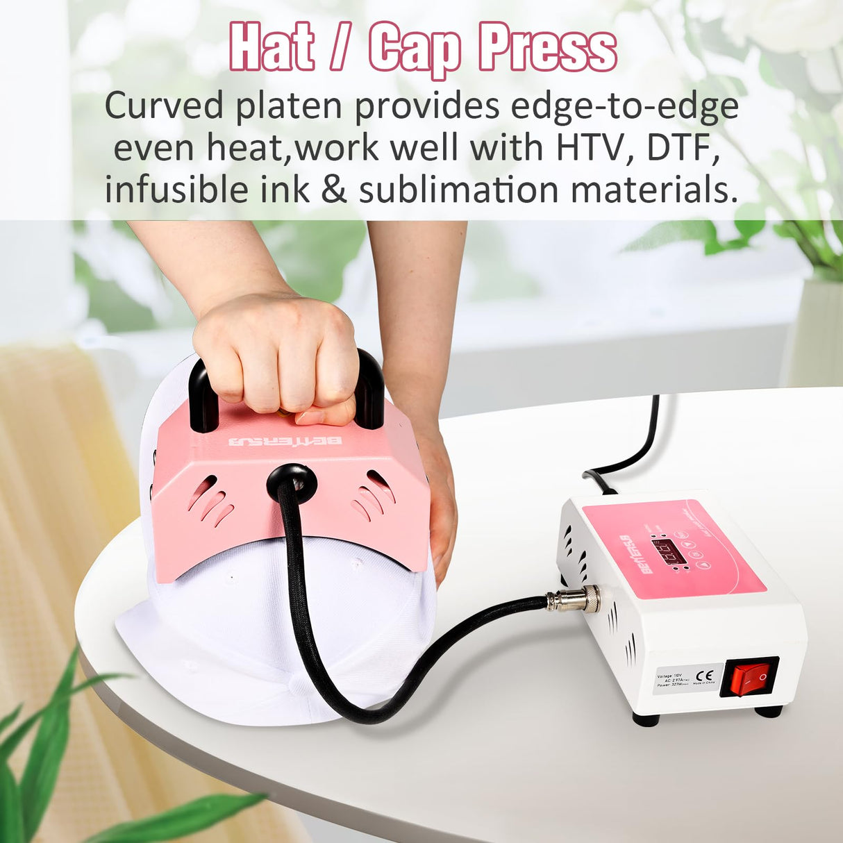 BetterSub 2in1 Combo Mini Portable Hat Press Heat Press Machine for Caps, T-Shirts, Bags, Handheld Easy Press for Vinyl, Sublimation, Heat Transfer Projects (Pink) BetterSub