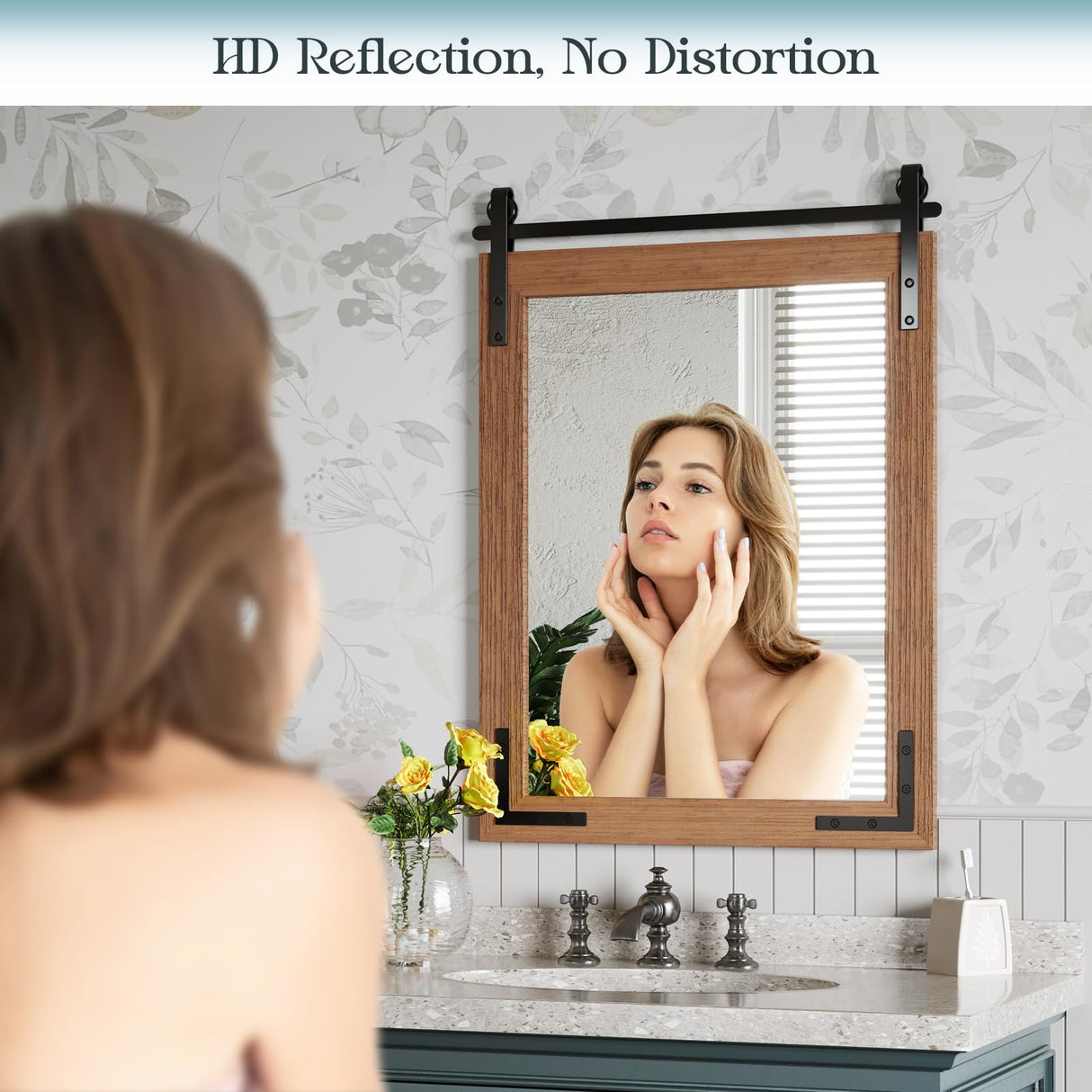 Mestikits 24x36 Inch Farmhouse Mirror for Bathroom, Brown Wood Framed Rustic Mirror, Rectangle Wall Decor Mirrors for Entryway, Courtyard, Bedroom Mestikits