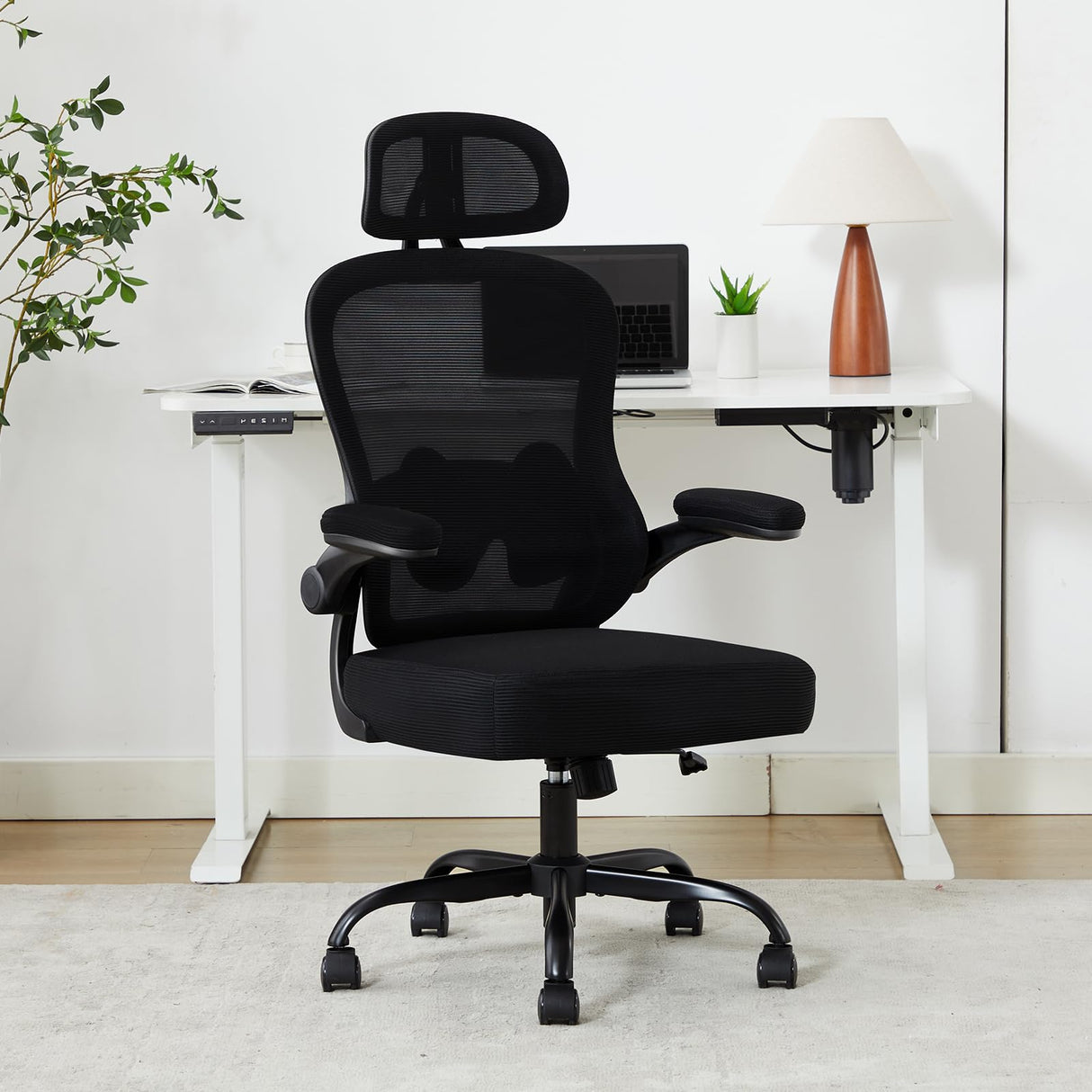 TUKAKA Ergonomic Office Chair,Ultra Thick Office Desk Chair with Adjustable Lumbar Support and Headrest,Spring Cushion,Rocking Function,Flip-up arms,Mesh Computer Chair for Home Office,White TUKAKA