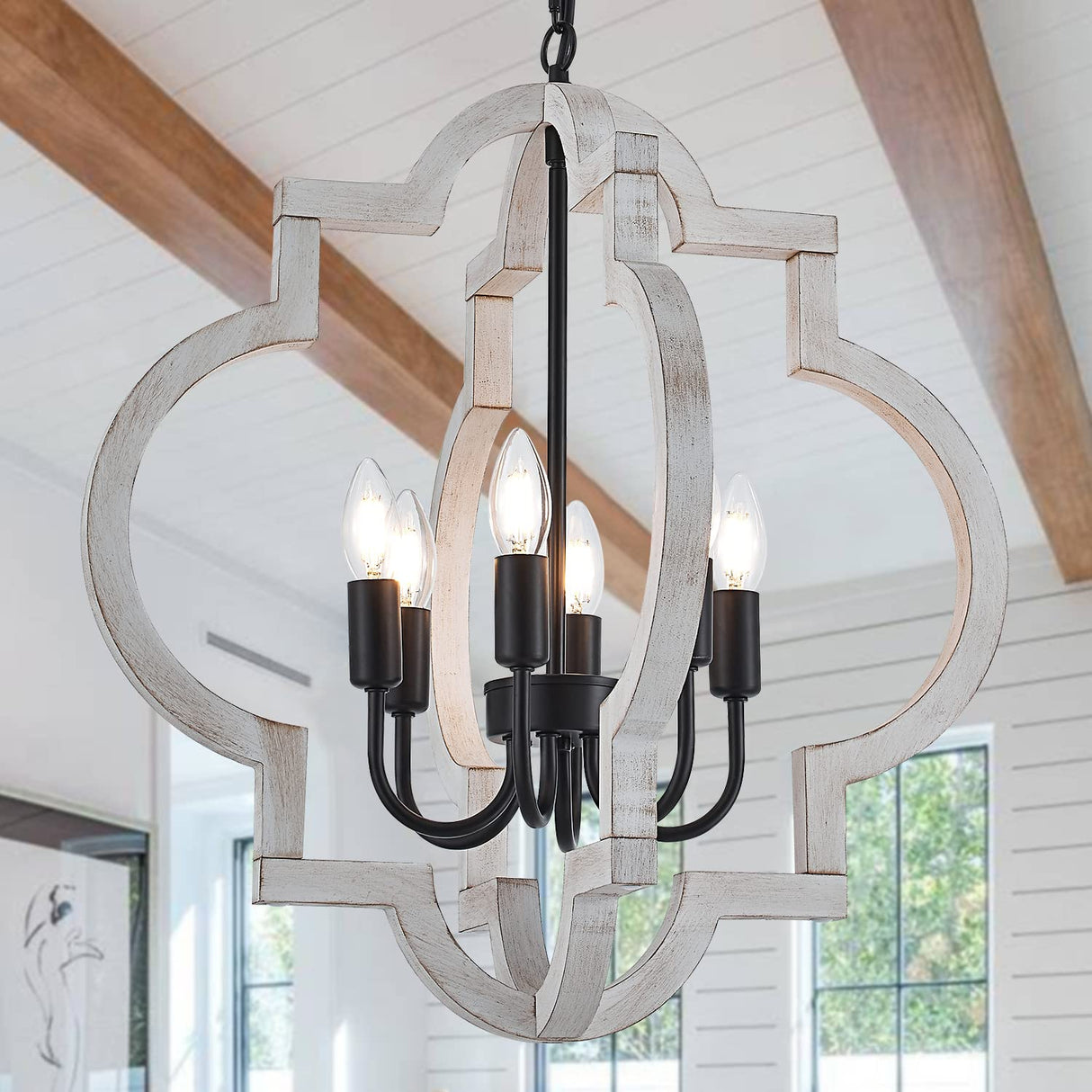 lighceac 6-Light 21" Farmhouse Orb Chandelier Rustic Handmade Distressed White Wood Hanging Ceiling Pendant Light Fixture Wood Lantern Chandeliers for Dining Room Kitchen Bedroom Foyer Hallway lighceac