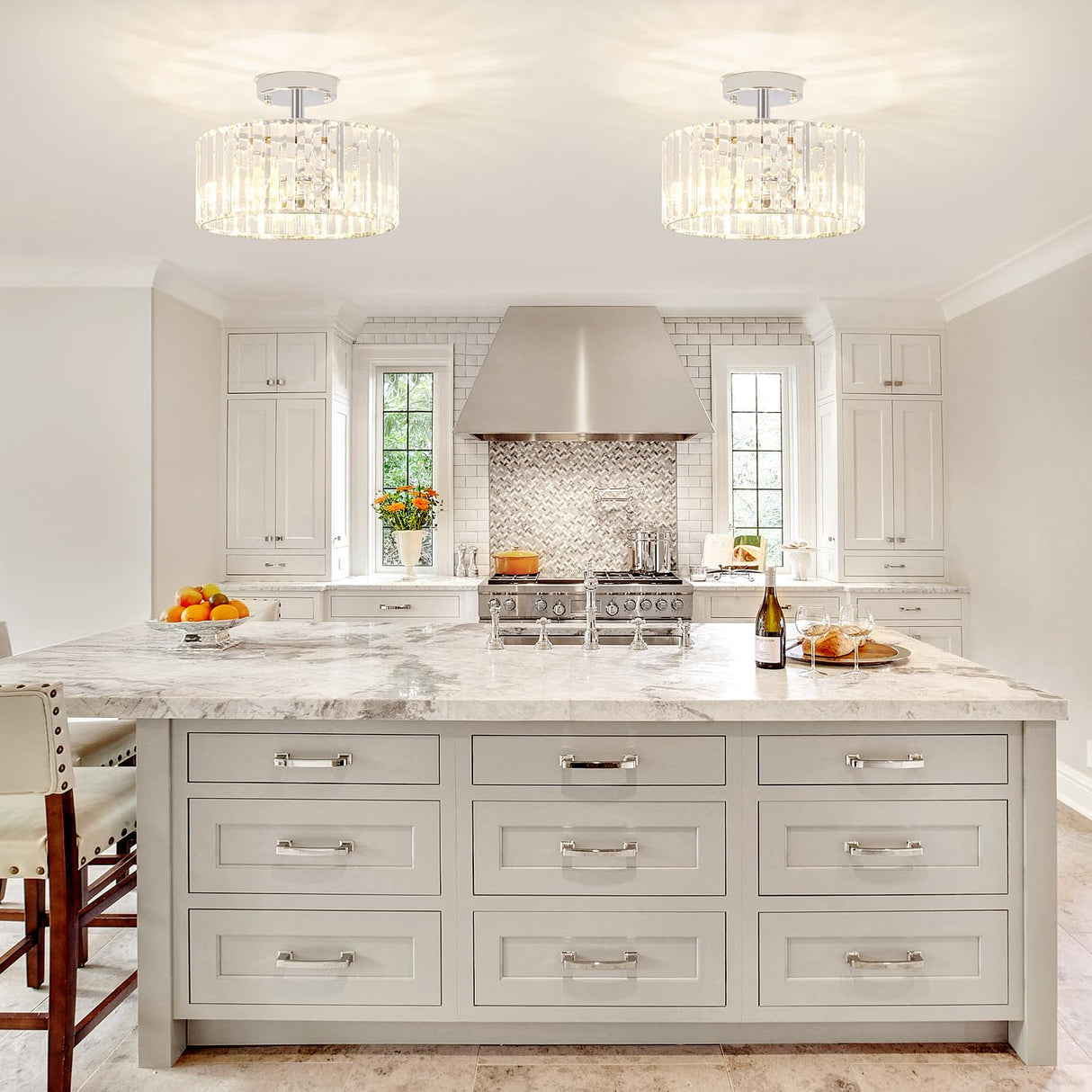 TOULMJ 3-Light Crystal Semi Flush Mount Ceiling Light, Modern Chrome Crystal Round Close to Ceiling Light Fixture for Bedroom Kitchen Island Hallway Foyer Entryway, Chrome Finish TOULMJ