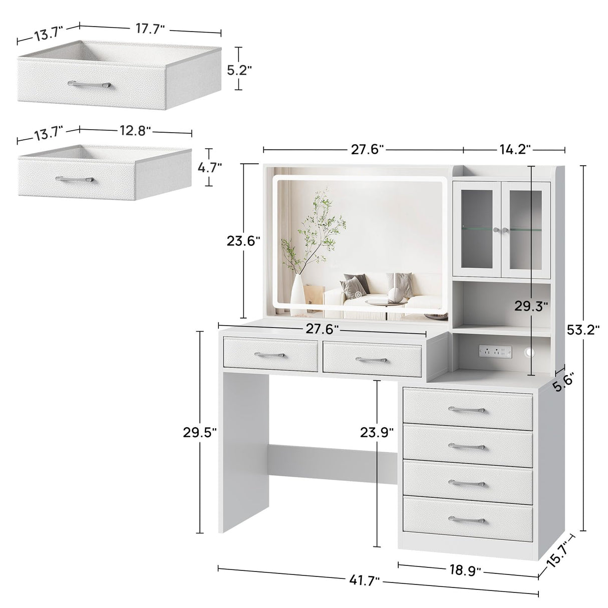 Rolanstar Vanity Desk with Lighted Mirror & Power Outlet, Makeup Vanity with RGB Storage Cabinet, 6 Fabric Drawers & 3 Shelves, 3 Color Modes Dressing Table for Bedroom, Girls, Women, White Rolanstar