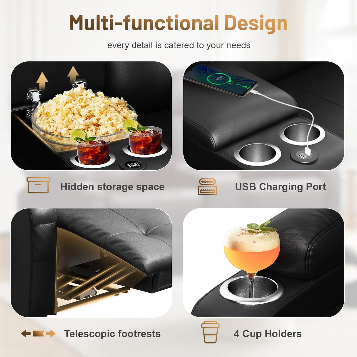 Loveseat Recliner Sofa, Home Theater Seating Massage Reclining Couch with USB, Center Console, Wall Hugger RV Recliners, 145° Adjustable Recline & Cup Holders & Side Pockets,for RV & Movie Room TOMOSLTER