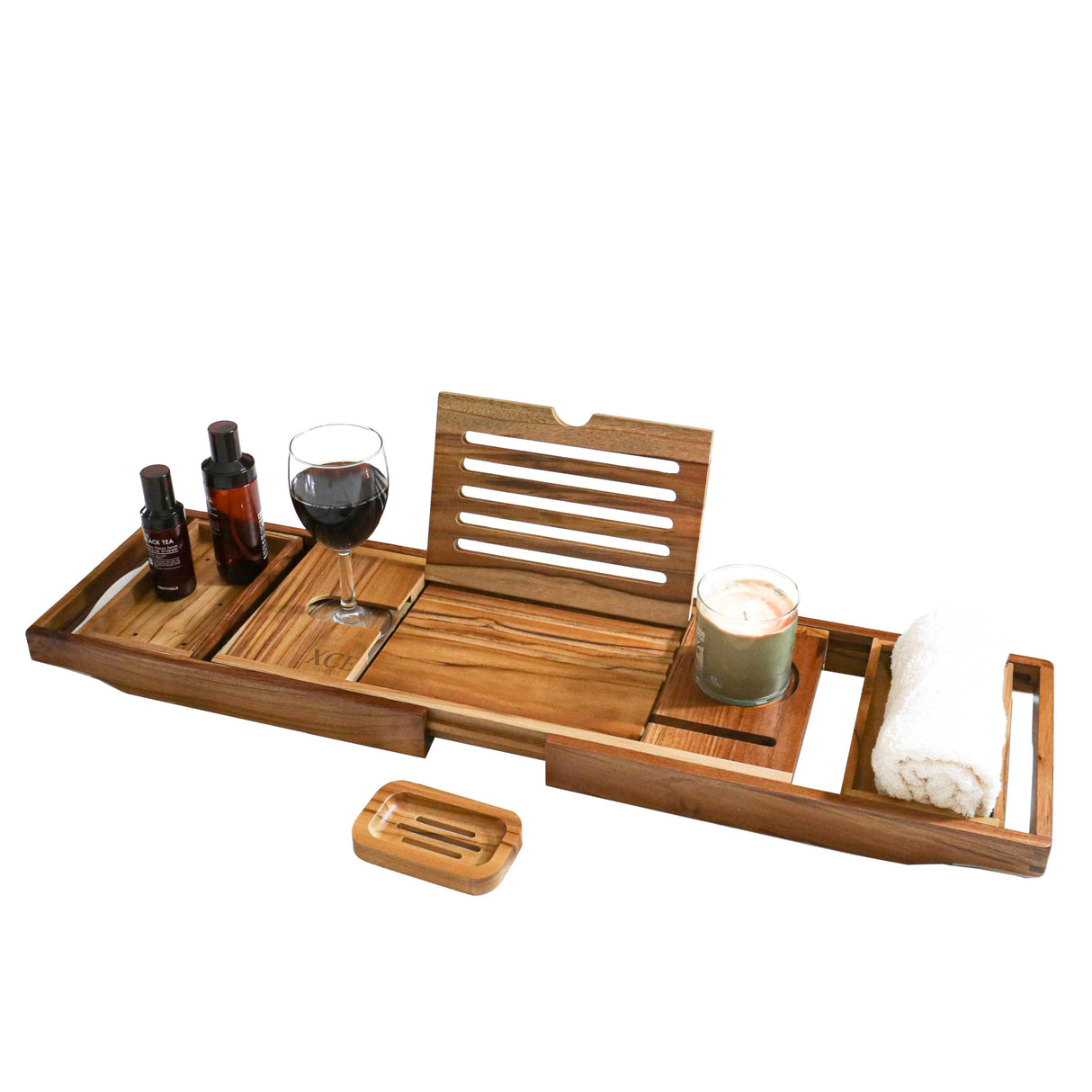 XcE Teak Bathtub Tray Expandable to 105cm with Solid Book Stand and Soap Tray, Teak XcE