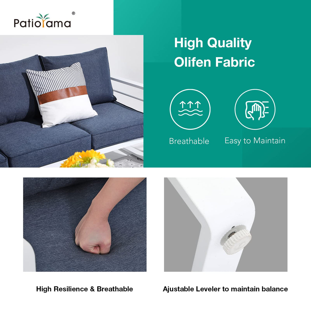 Patiorama Aluminum Patio Furniture Set, 4 PCS Modern Patio Conversation Set, All Weather White Outdoor Sectional Sofa Set w/Table, 3-Seater Sofa, Superior Olefin Cushion, Garden-Blue Cushion Patiorama