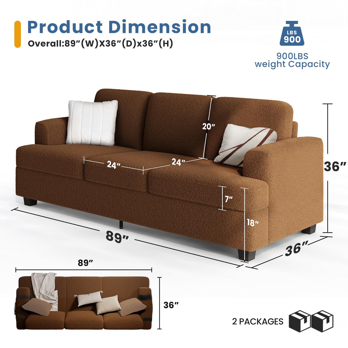 KKL 89 in Couches for Living Room, Modern Couch with Deep Seat, Home Sofa Living Room, 3 Seater Couch with Firm Structure, Comfy Couch, Brown Bouclé KKL