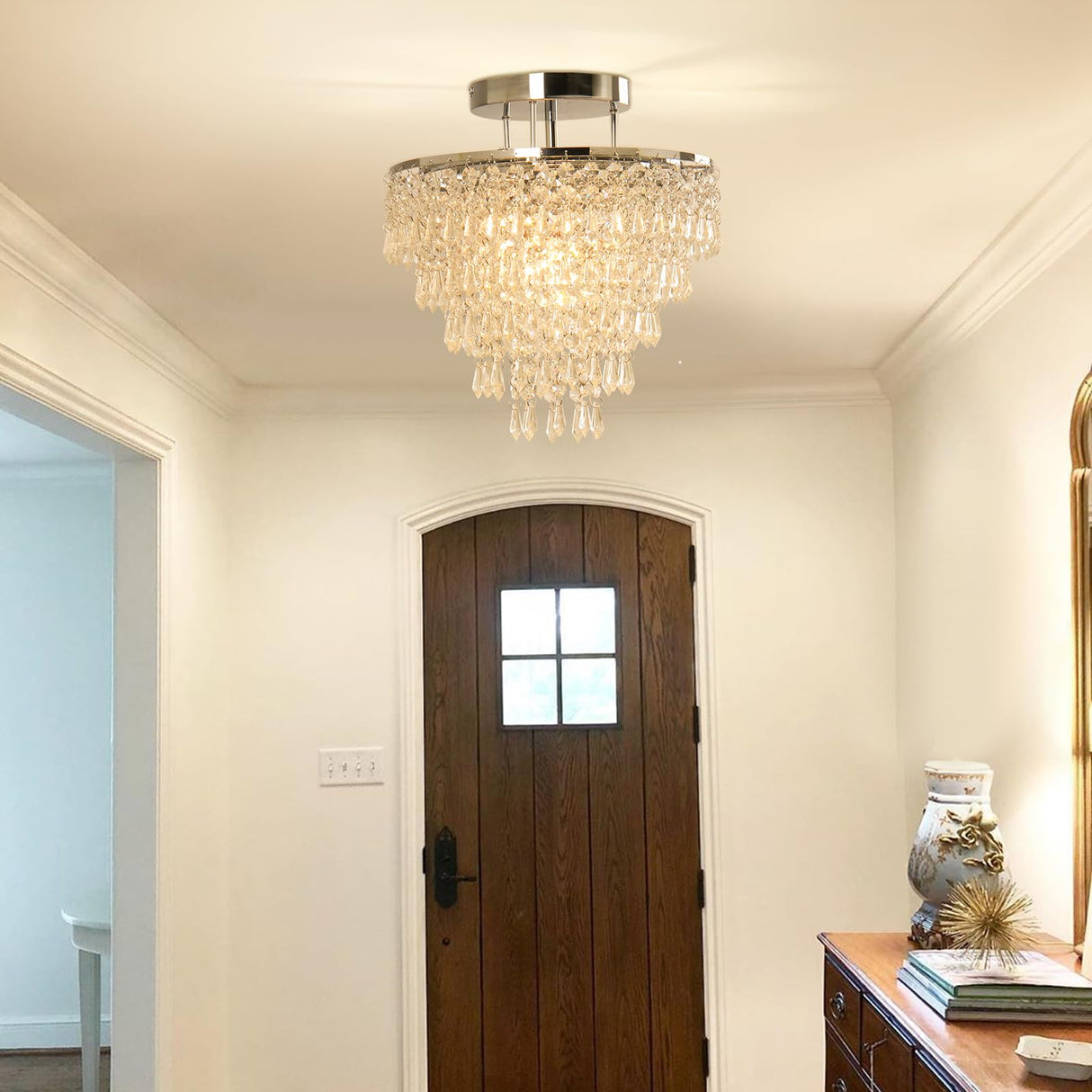 FRIXCHUR 11.8" Crystal Chandelier Chrome Flush Mount Ceiling Light 5 Tiers Raindrops Silver Chandeliers for Bedroom Hallway Living Room,E26 Base FRIXCHUR