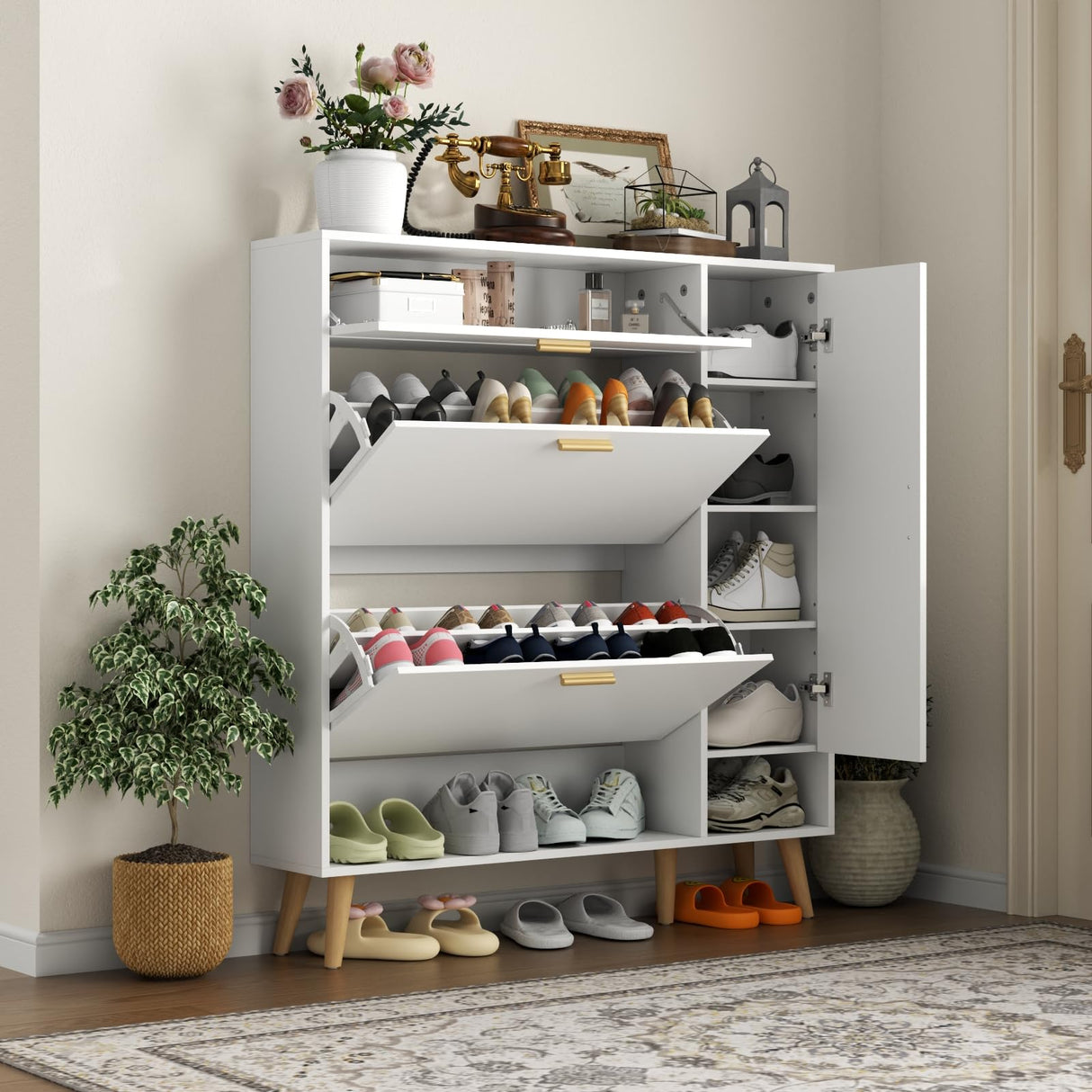 Gyfimoie Shoe Cabinet with 3 Flip Drawers & Side Cabinet and Adjustable Shelves, Narrow Entryway Hidden Shoe Rack with Doors, Hallway Organizer (White) Gyfimoie