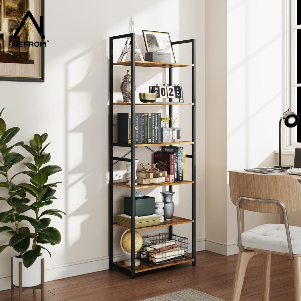NEFROM Book Shelf, Adjustable 6-Tier Tall Bookshelf, Wooden Bookcase Shelves for Bedroom, Living Room, Display Shelf for Home, Office, Kitchen, Standing Shelving Unit Storage Organizer BC-BR-6 NEFROM