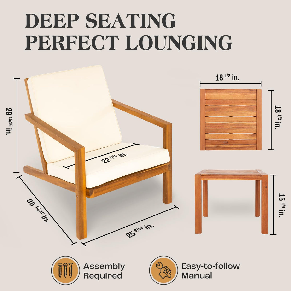 Idzo Eleve 400lbs Capacity Outdoor Club Chairs Set of 2 with Wooden Side Table, FSC Certified Acacia Wood Patio Furniture Set for Firepit Porch, Large, Slanted Backrest Design IDZO