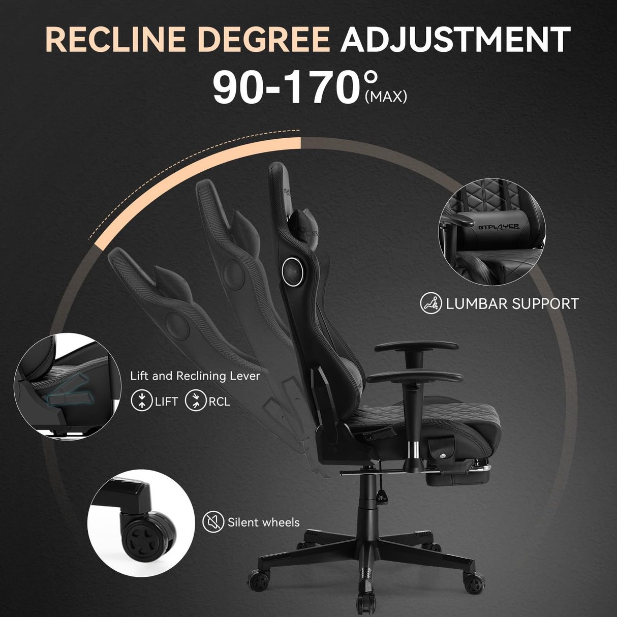 GTPLAYER Gaming Chair, Computer Chair with Bluetooth Speakers, High Back Ergonomic Office Chair Desk Chair with Lumbar Support, Height Adjustable Game Chair with Footrest 330LBS, Black GTPLAYER