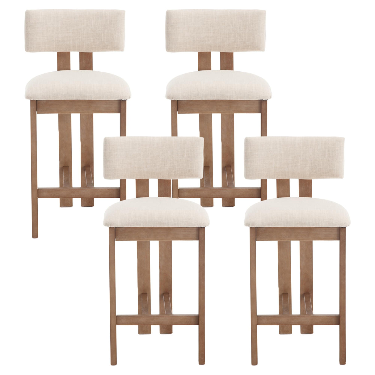 DM Furniture 26" Mid Century Modern Counter Bar Stools for Kitchen Island Farmhouse Wooden Counter Height Barstools Set of 4 with Linen Fabric Curved Back for Patio/Home Bar/Balcony, Beige DM Furniture