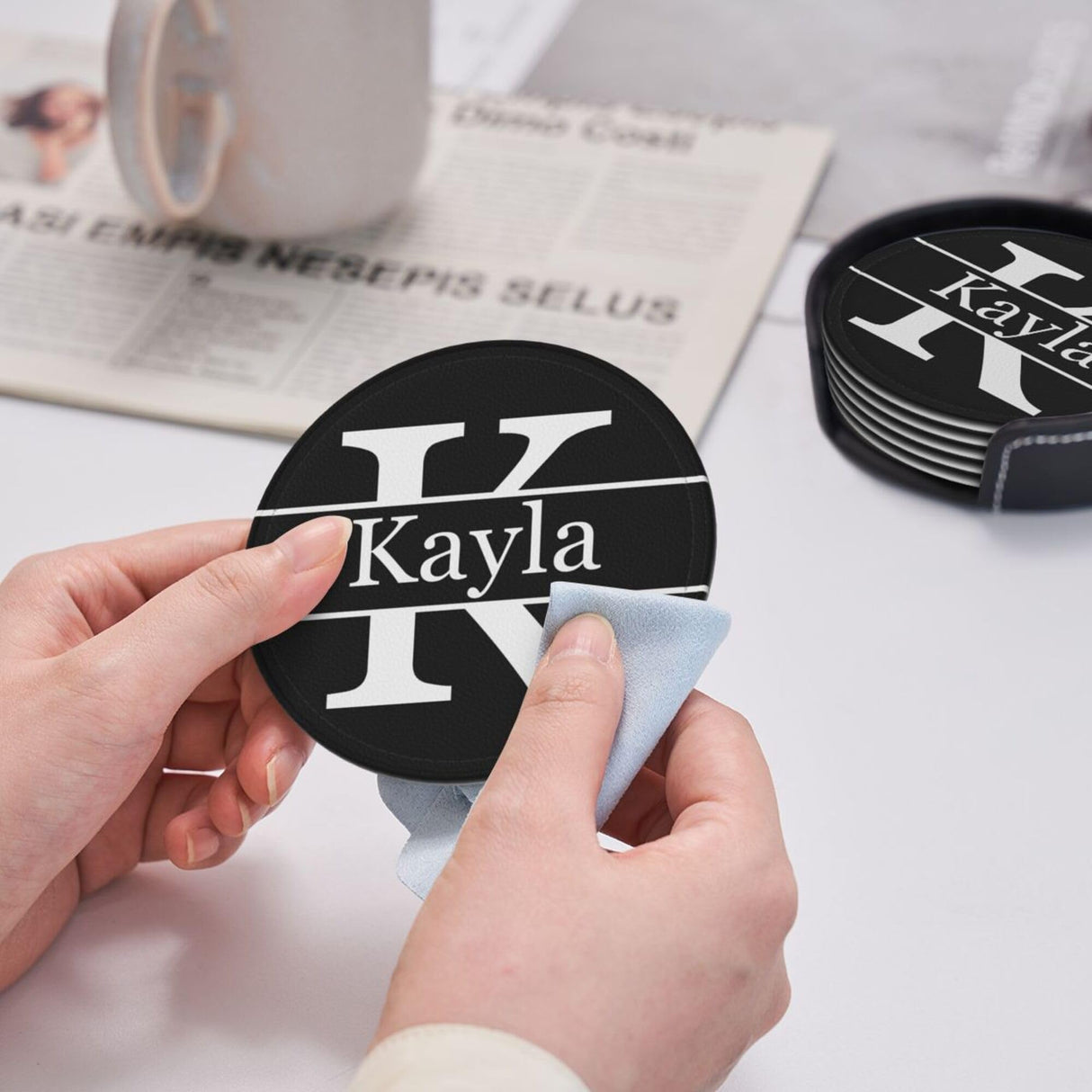 Personalized Coaster, Leather Coaster Set of 6 with Holdr Custom Name Logo Photo, Heat Resistant Waterproof Coasters for Coffee Table Kitchen Bar Housewarming (Round Leather) Xzrkcsa