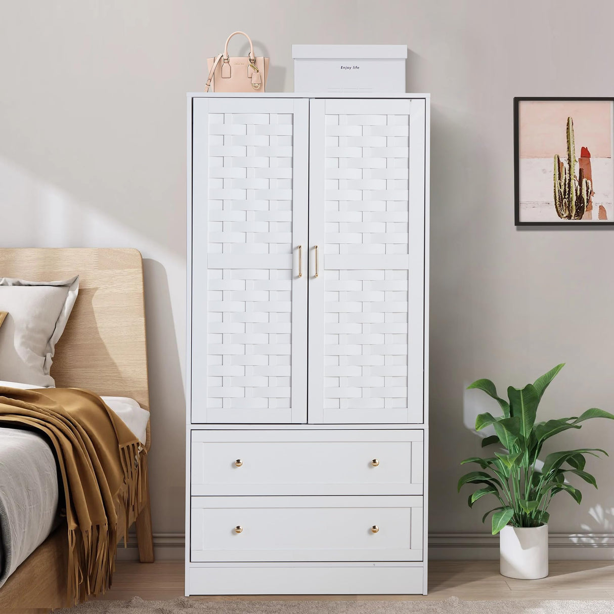 LEVNARY Armoire Wardrobe Closet with 2 Woven Doors, Wardrobe Cabinet with 2 Storage Drawers and Hanging Rail, Freestanding Wooden Closet for Bedroom (White) LEVNARY