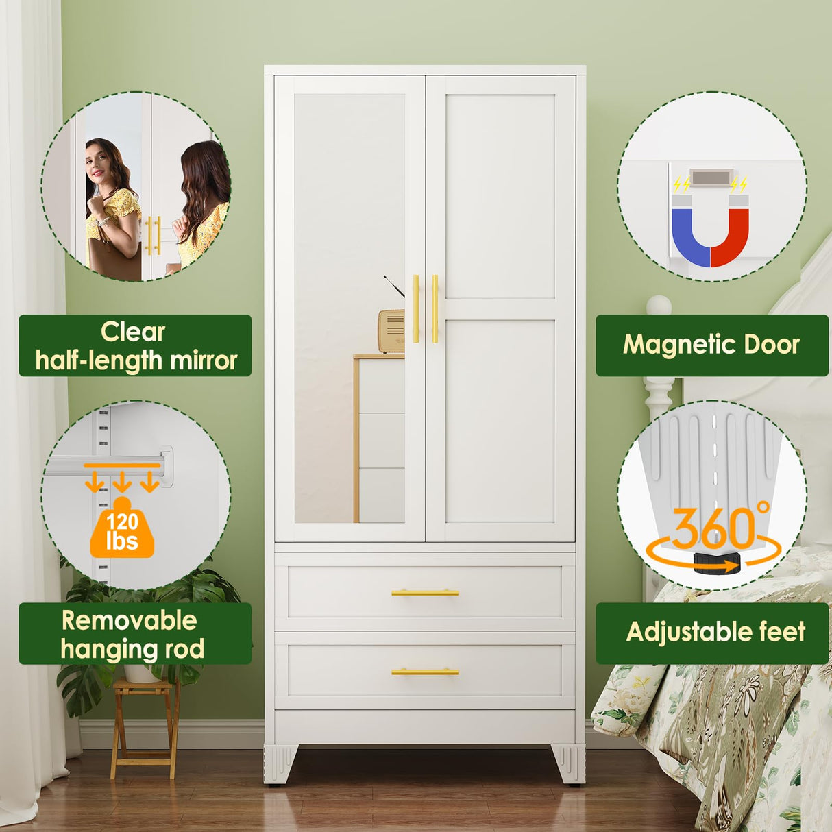 winiowa Metal Armoire Wardrobe Closet with 2 Drawers, 71" Wardrobe Cabinet with Adjustable Shelves and Hanging Rod, Clothing Storage Cabinet Closet with Mirror for Bedroom-White winiowa