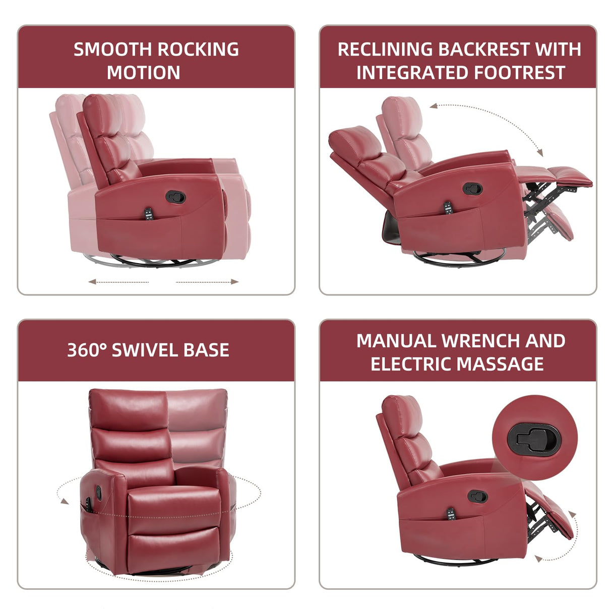 PELUMY Manual Recliner Chair with Heat & Vibration Massage, 360° Swivel Rocker Recliner with 155° Recline and Lumbar Heat, Compact Recliner for Living Room & Small Spaces (Breathable Leather, Red) PELUMY
