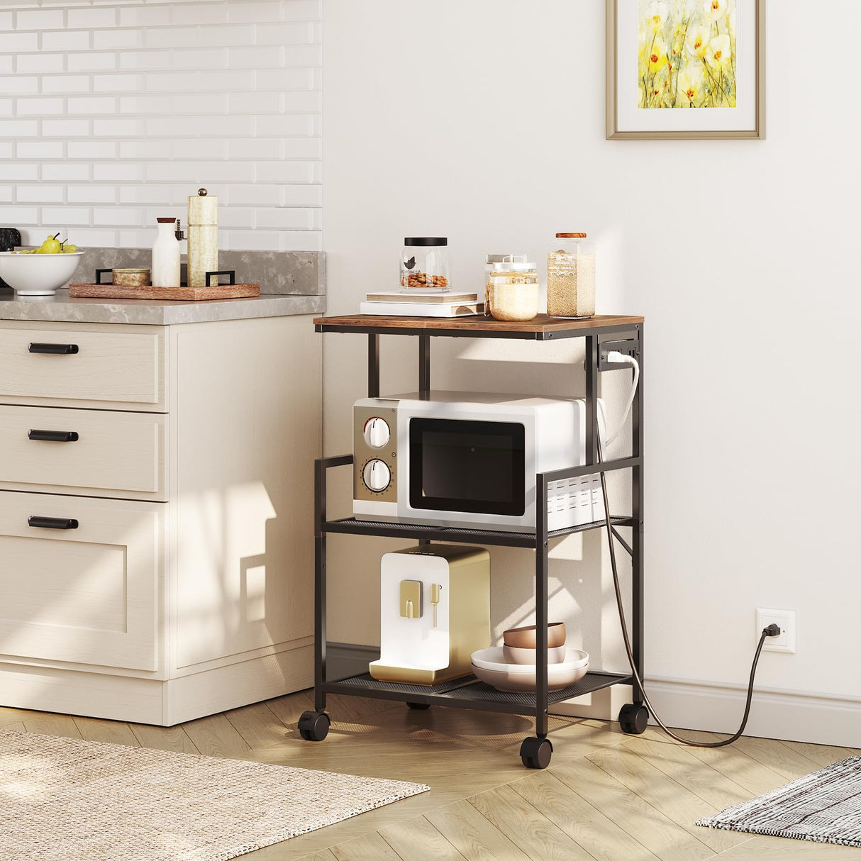 MAHANCRIS Mobile Printer Stand, 3-Tier Industrial Printer Cart with Power Outlets and 2 USB Ports, Rolling Printer Table on Wheels for Home Offices Kitchen Organization Rack, Rustic Brown PTHR78E01 MAHANCRIS