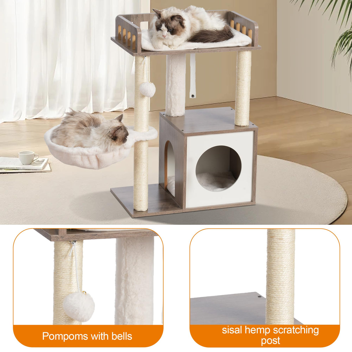 Heybly Modern Cat Tree, Wooden Cat Tower with 3 Scratching Posts, Cat Condo for Indoor Cats with Wood Cat Cave, Plush Perch, Basket, Pompom, Rustic Gray HCT007SSG Heybly