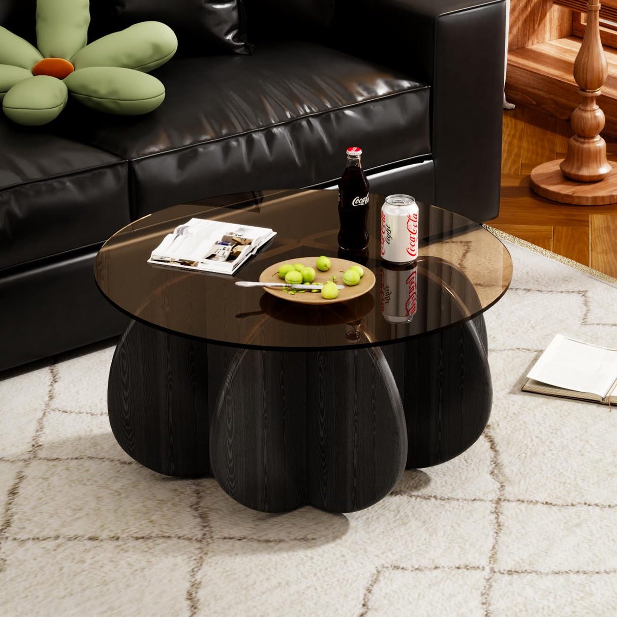 Round Coffee Table, Mid Century Modern Design, 31.5'' Modern Round Tempered Glass Coffee Tables for Living Room, Cocktail Table for Small Space Home Office. (Black + Brown) Yaruifnt