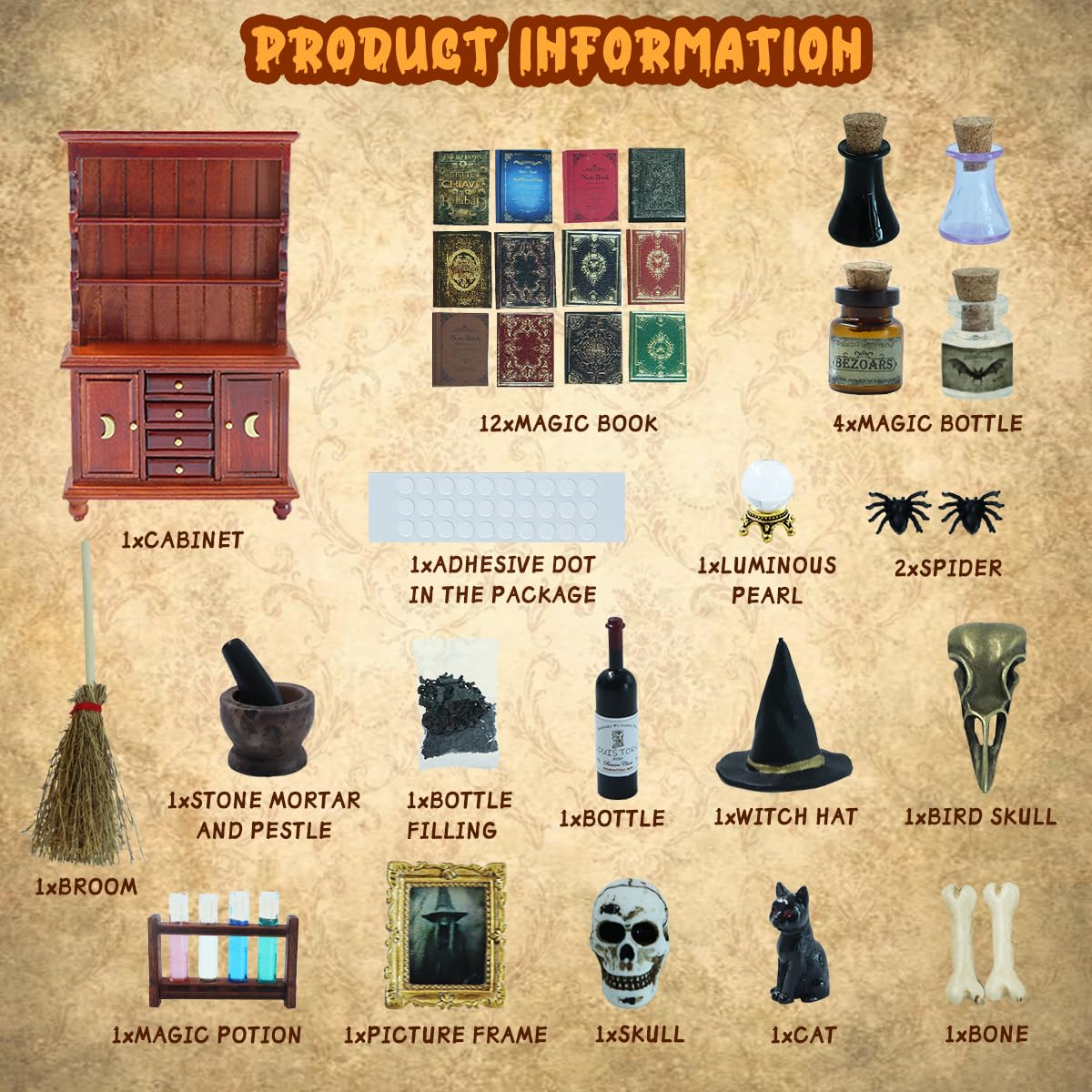BEIREG Dollhouse Miniatures 1/12 Scale Accessories, Wooden Bookshelf Furniture Set - Magic Bottle&Potion, Witch Frame and Hat, Mini Bookcase, Haunted Dollhouse Halloween Decorations for Kids Gifts BEIREG