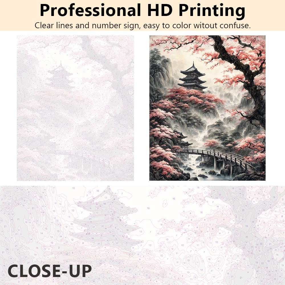 TUMOVO Japanese Temple Paint by Number Kits for Adults Beginners,Tree Adults Paint by Numbers Kits,DIY Pink Cherry Blossom Paint by Numbers Kits on Canvas for Home Wall Decor 16x20inch Frameless TUMOVO
