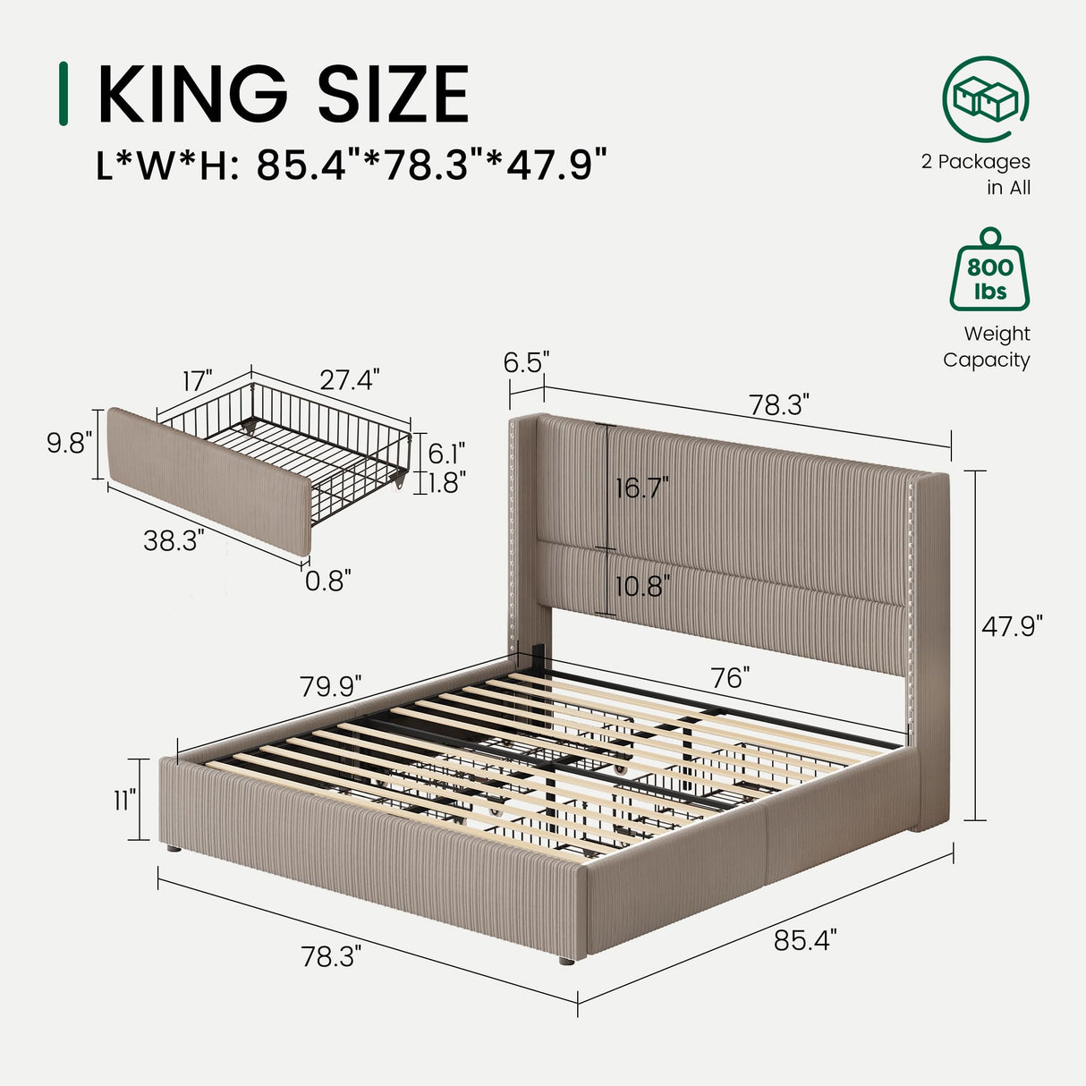 LARMACE King Size Bed Frame with 4 Storage Drawers,Corduroy Upholstered King Size Platform Bed Frame with Tufted Vertical Stripe,Solid Wood Leg/No Box Spring Needed/Noise Free,Brown LARMACE