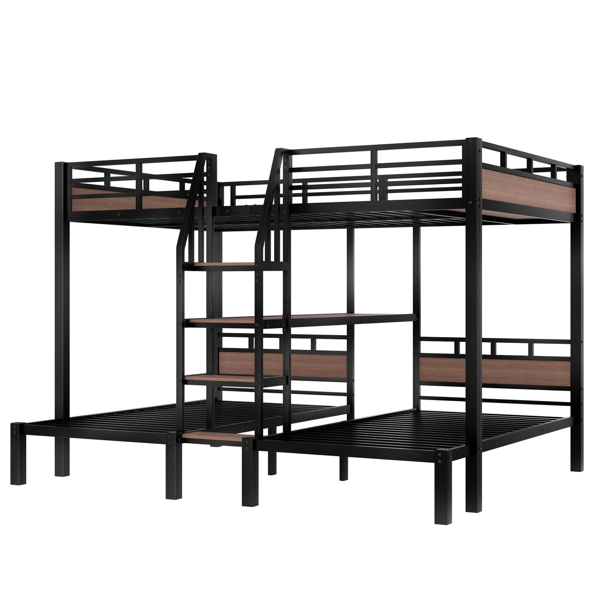 KEIKI Queen Over Twin Over Twin Metal Bunk Bed with Storage Shelves and Stairs, Triple Decker Bunk Bed Frame, Space Saving Heavy Duty Bed with Desk Shelf for Kids Teens Adults, Black KEIKI