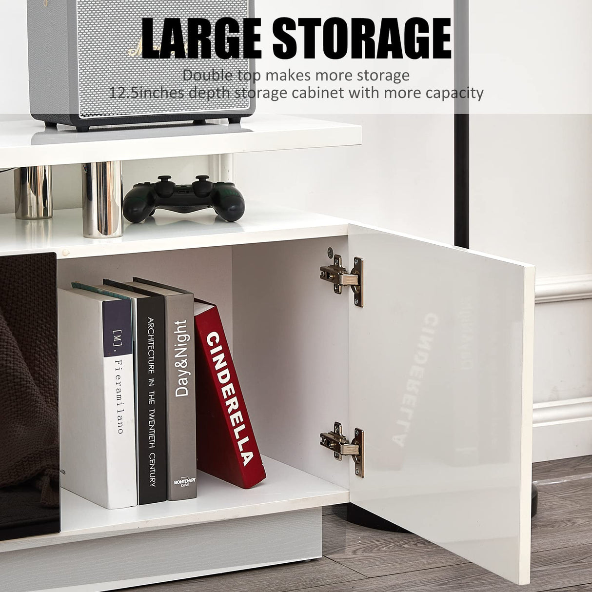 AMERLIFE Fireplace TV Stand with 36" Fireplace, 70" Modern High Gloss Fireplace Entertainment Center LED Lights, 2 Tier TV Console Cabinet for TVs Up to 80", Ivory White AMERLIFE