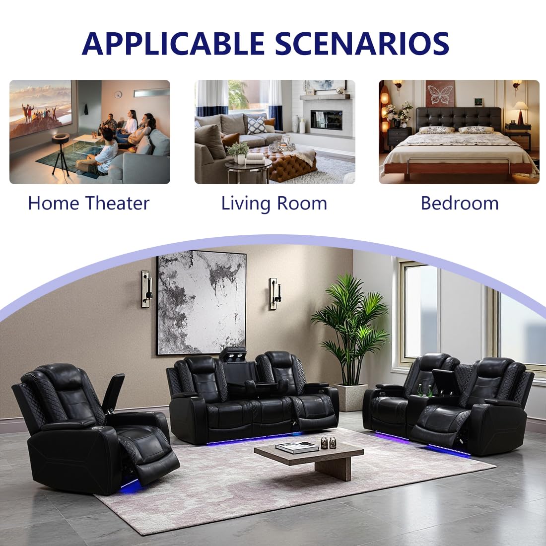 Anthato Leather Power Recliner Sofa Set, Living Room Furniture Sets, 2 Piece Reclining Sofa Set with LED, Black Recliner Furniture with Arm Storage/Cup Holders/Charging Ports for Home Theater/Office Anthato