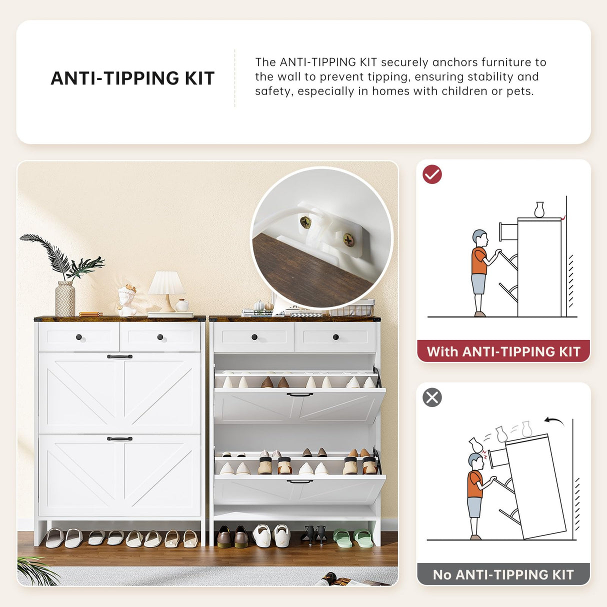 oneinmil Shoe Storage Cabinet, Farmhouse Shoes Organizer with 2 Flip Drawers & 2 Sliding Drawers, Freestanding Narrow Shoe Rack Cabinet for Entryway, Hallway, Living Room, White oneinmil