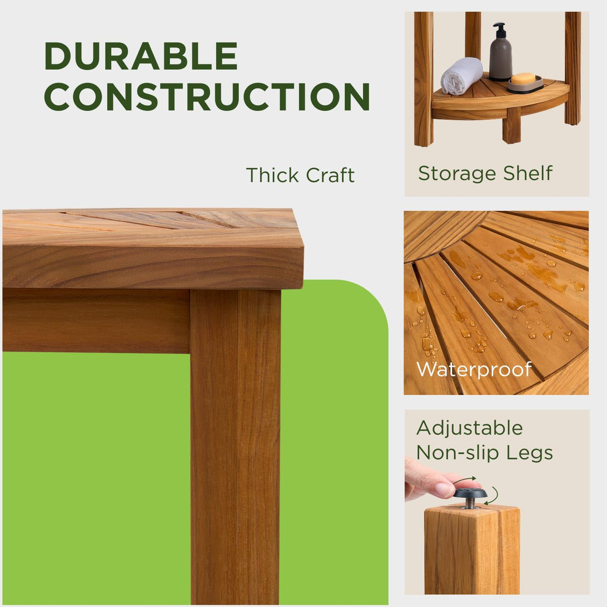 GREENTEAK Premium 15.7" Corner Shower Stool with Storage Shelf, Waterproof Teak Shower Stool for Shaving Legs and to Sit On, 2-Tier Shower Stool, Teak Shower Bench for Bathroom, 300 Lbs Capacity GREENTEAK