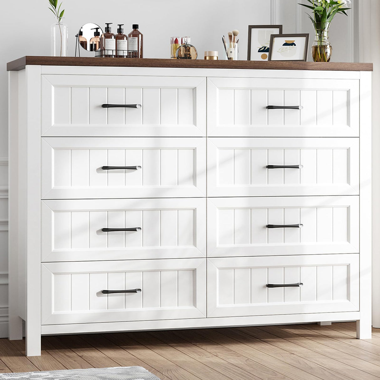 Jocoevol Farmhouse Dresser 8 Drawer Dresser for Bedroom, Large Wooden Dressers Double Grey Dresser with Deep Drawers Dressers for Hallway, Entryway (White and Brown) Jocoevol