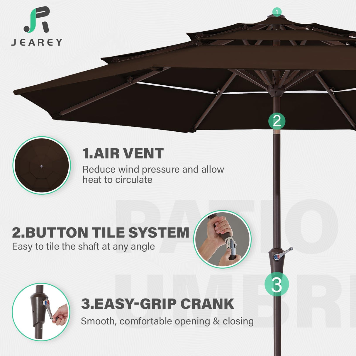 JEAREY 9FT 3 Tier Patio Umbrella Outdoor Market Umbrella Table Umbrellas Sunbrella with Button Tilt and Crank UV Protection Outside Garden Pool Umbrella,Coffee JEAREY