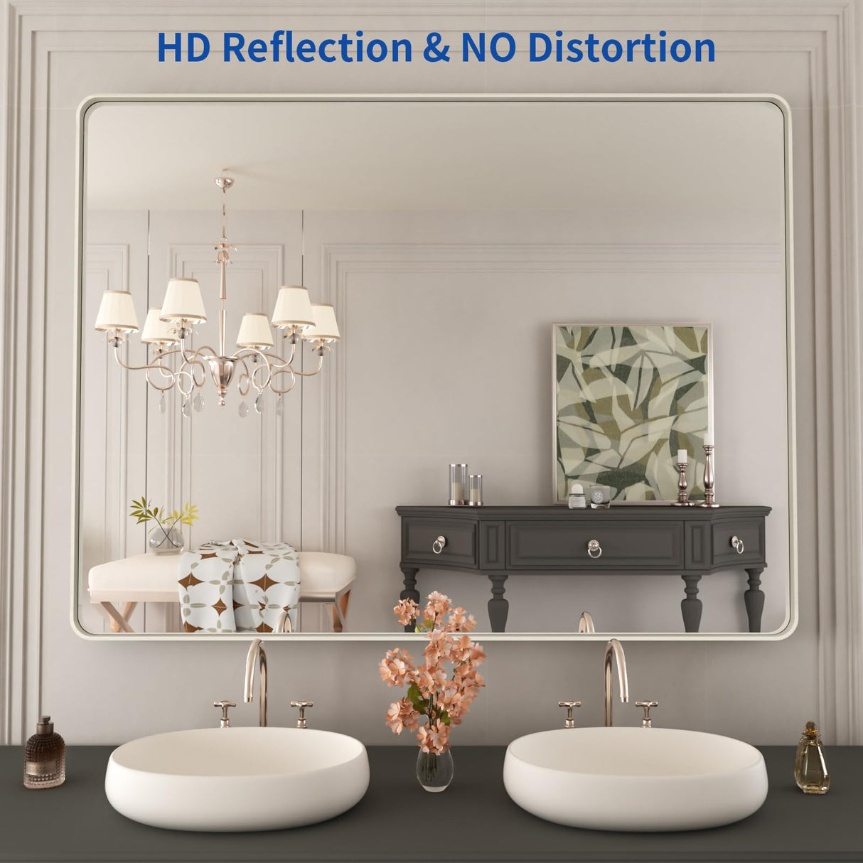 WEER 48X36 Inch Brushed Nickel Bathroom Mirror, Brushed Silver Metal Frame Mirror, Rounded Rectangle Silver Bathroom Vanity Mirror, Tempered Glass, Anti-Rust, Hangs Horizontally or Vertically WEER