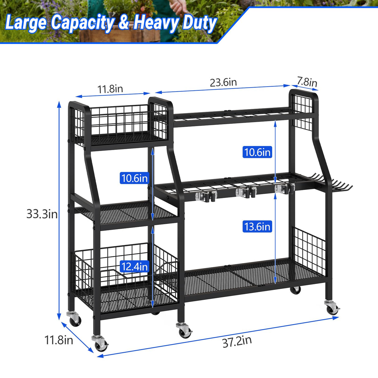 keomaisyto Garden Tool Organizer with 6 Wheels(3 lockable), Heavy Duty Yard Tool organizer with 2 Basket, Large Metal Garage Tool Organization and Storage for Garage/Shed/Yard/Broom Closet/Lawn keomaisyto